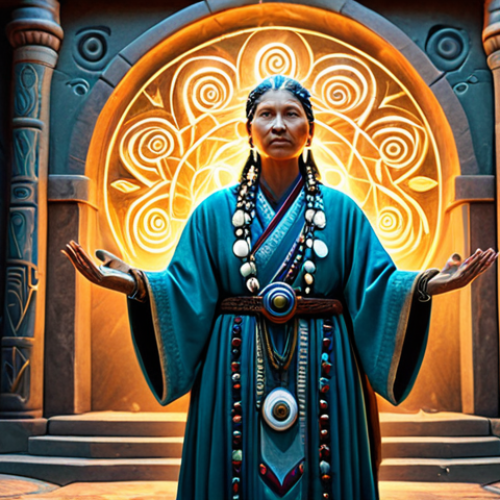 A professional female Shaman healer in a modest, ceremonial shamanic robe, fully clothed, standing in a grand, ancient raid chamber. She is actively casting a radiant healing spell, her hands emanating gentle light, focused on her allies. A glowing, strategically placed 'Healing Tide Totem' stands nearby, radiating healing energy. The environment is rich with intricate fantasy architecture and soft, magical lighting, emphasizing a calm and powerful presence. Perfect anatomy, correct proportions, natural pose, well-formed hands, proper finger count. Professional fantasy art, high quality, safe for work, appropriate content, family-friendly.