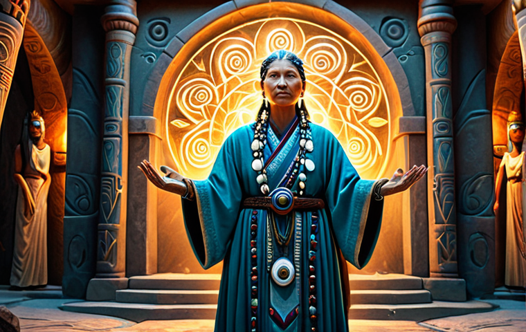 A professional female Shaman healer in a modest, ceremonial shamanic robe, fully clothed, standing in a grand, ancient raid chamber. She is actively casting a radiant healing spell, her hands emanating gentle light, focused on her allies. A glowing, strategically placed 'Healing Tide Totem' stands nearby, radiating healing energy. The environment is rich with intricate fantasy architecture and soft, magical lighting, emphasizing a calm and powerful presence. Perfect anatomy, correct proportions, natural pose, well-formed hands, proper finger count. Professional fantasy art, high quality, safe for work, appropriate content, family-friendly.